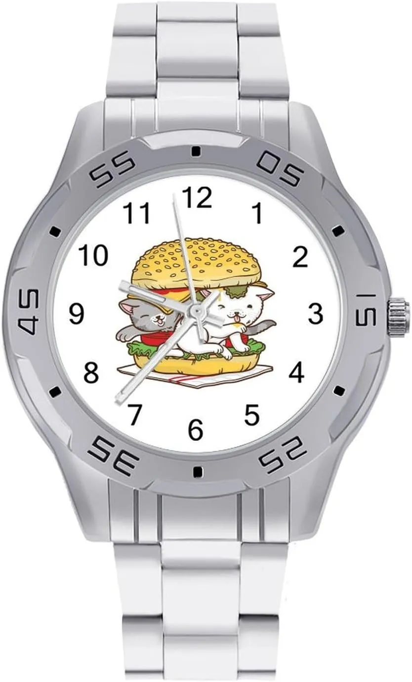 Silver Casual Big Face Dress triangle twelve micronutrient Watch Easy to Read Hamburger Cat Simple Wrist Watches for Men 
