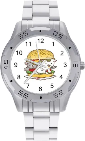 Silver Casual Big Face Dress triangle twelve micronutrient Watch Easy to Read Hamburger Cat Simple Wrist Watches for Men 