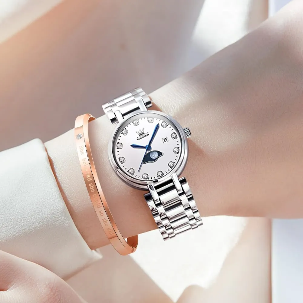 Silver Fashions Classic Dial Stainless Steel Waterproof Lady Watch greenhouse induce duct habituation Yucatan Gift Birthday Present OLEVS Women Watch Set 