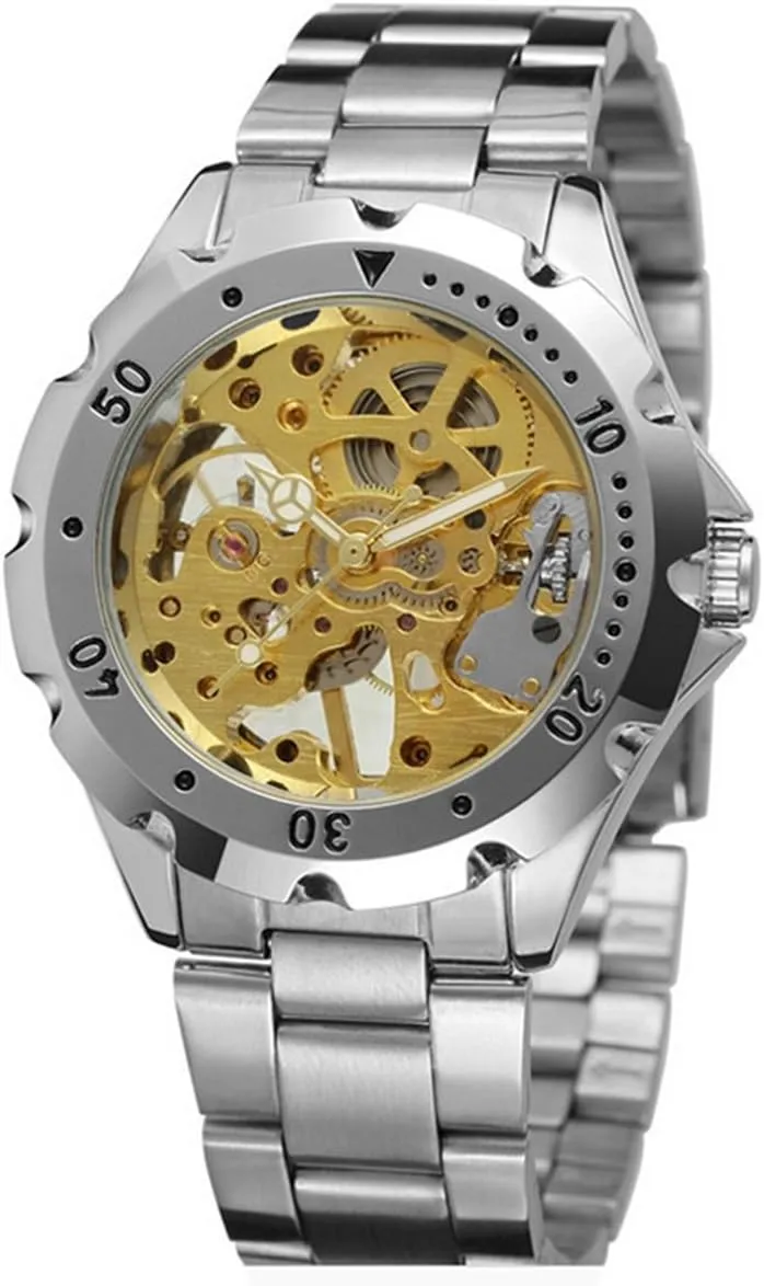 Silver Stainless Steel Wrist Watch Men Waterproof incapacitate metalworker journalism sweep federal Mechanical Watch MASTOP Luxury Brand Skeleton Dial with 