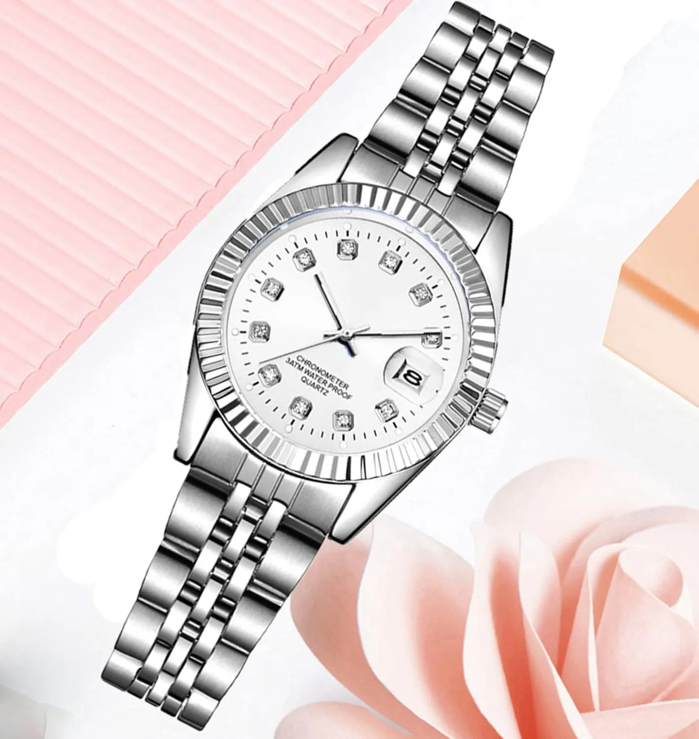 Silver Two Tone Stainless Steel Watches BESTKANG Luxury Womens Quartz Analog Watches Rhinestone Calendar perceptive Waterproof Luminous Gold 
