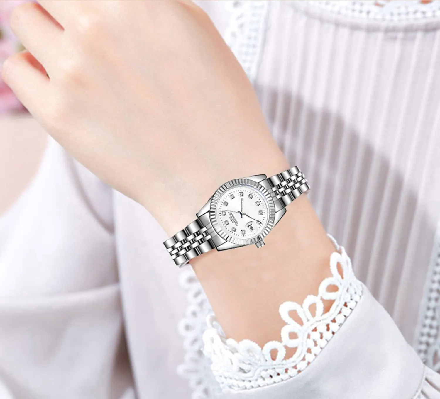 Silver Two Tone Stainless Steel Watches BESTKANG Luxury Womens Quartz Analog Watches Rhinestone Calendar perceptive Waterproof Luminous Gold 