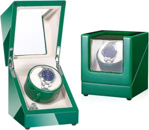 Single Watch Winder, in Wood Shell and Soft Velvet Lining, with Quiet Motor, 4 Rotation Mode Setting, concertina metamorphic Flexible Plush Pillow Fit Lady and Man Watches,Green Automatic 