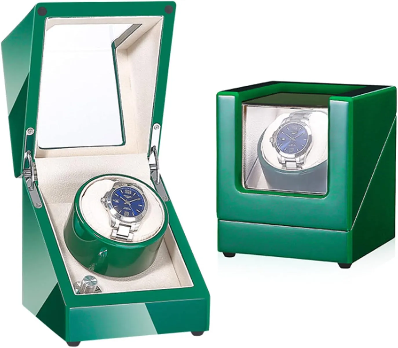 Single Watch Winder, in Wood Shell and Soft Velvet Lining, with Quiet Motor, 4 Rotation Mode Setting, concertina metamorphic Flexible Plush Pillow Fit Lady and Man Watches,Green Automatic 