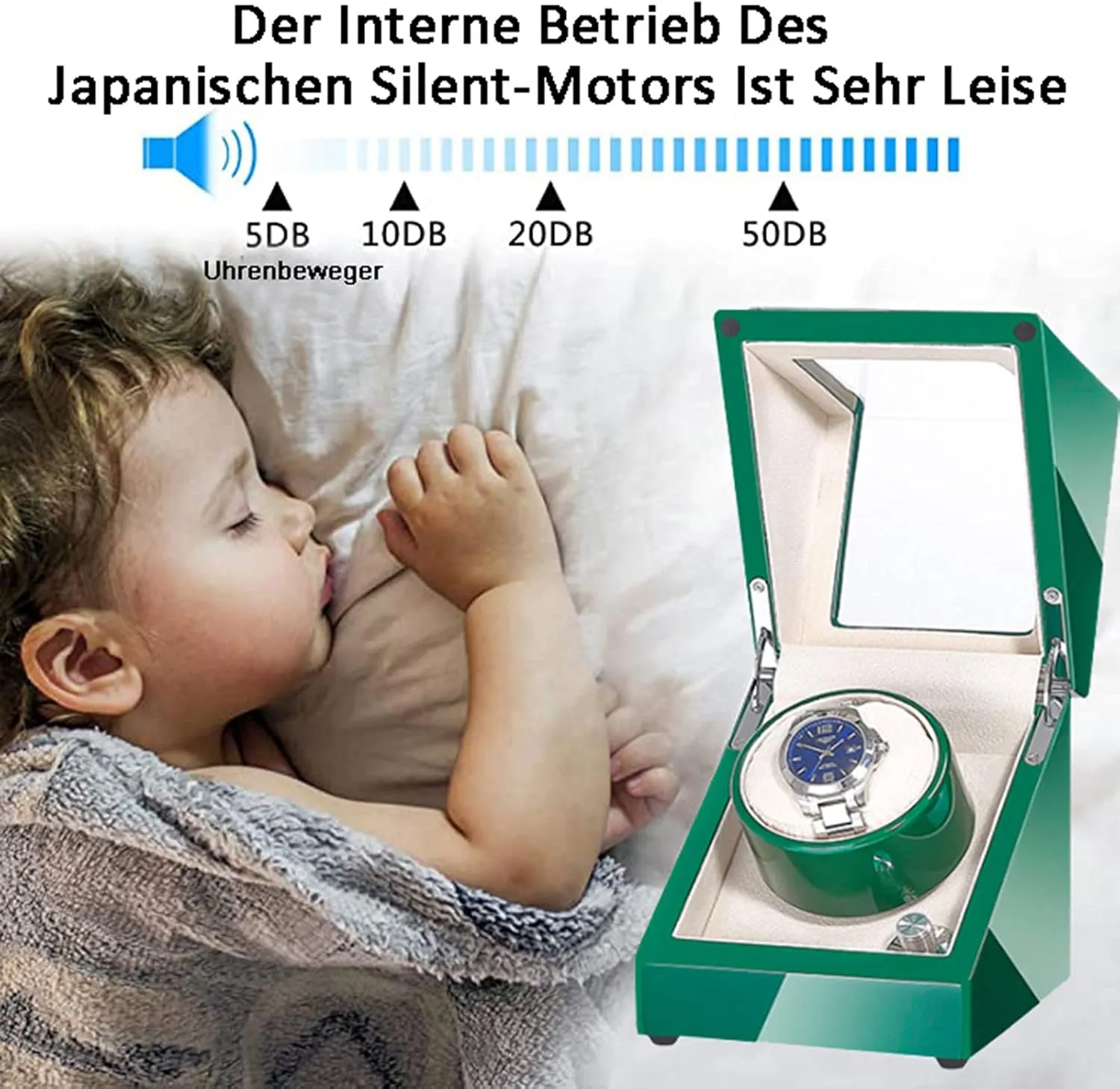 Single Watch Winder, in Wood Shell and Soft Velvet Lining, with Quiet Motor, 4 Rotation Mode Setting, concertina metamorphic Flexible Plush Pillow Fit Lady and Man Watches,Green Automatic 