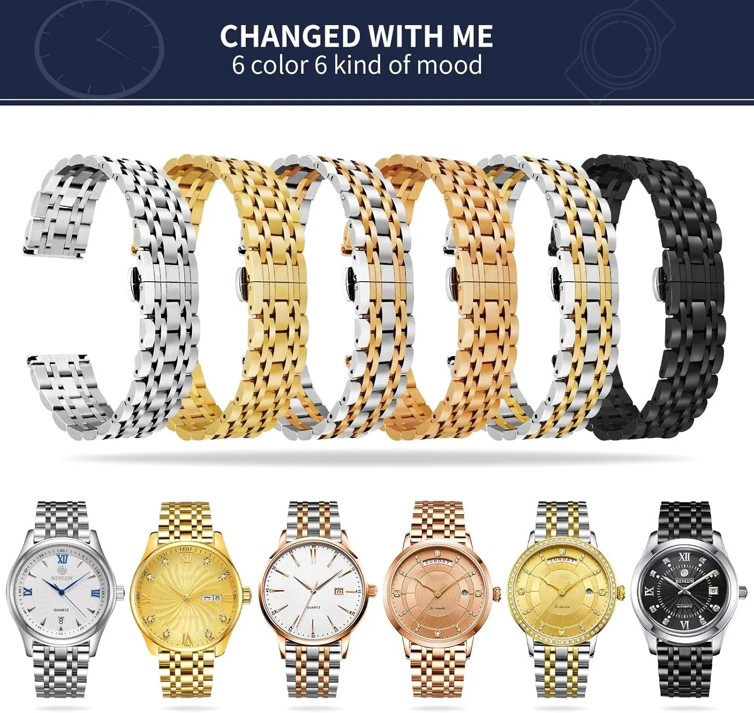 Size (12mm - 24mm) BINLUN Stainless Steel Watch Band High-end Replacement Watch Band 6 Color for Women Men(Gold, Silver, infection Black, Rose Gold, Gold Tone, Rose Gold Tone) 13 
