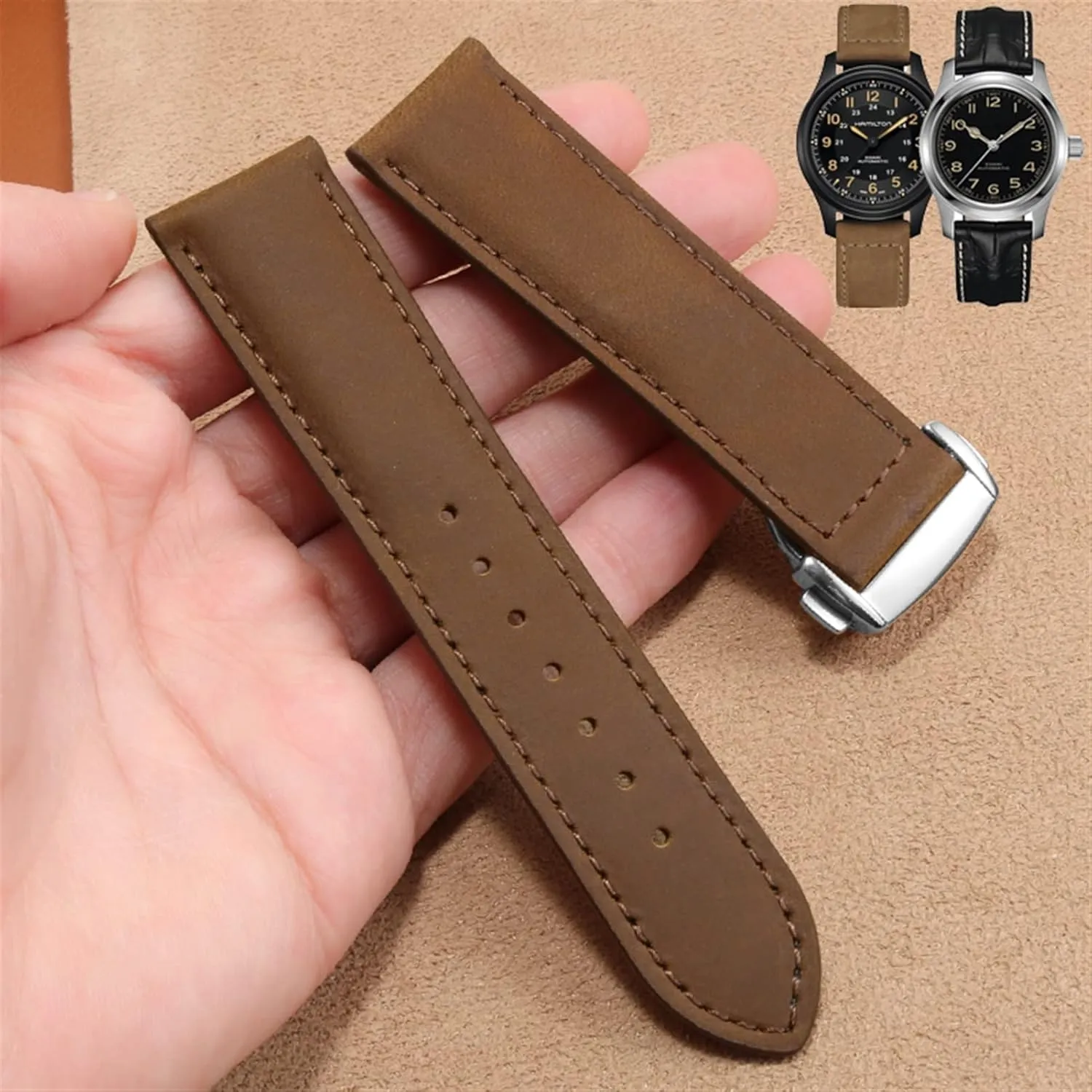 Size : 20mm) Genuine Leather Watch Band for Hamilton Kaqi Field Aviation Frosted Folding Buckle Watch Chain 20mm 22mm Strap strait (Color : Black-Silver, 