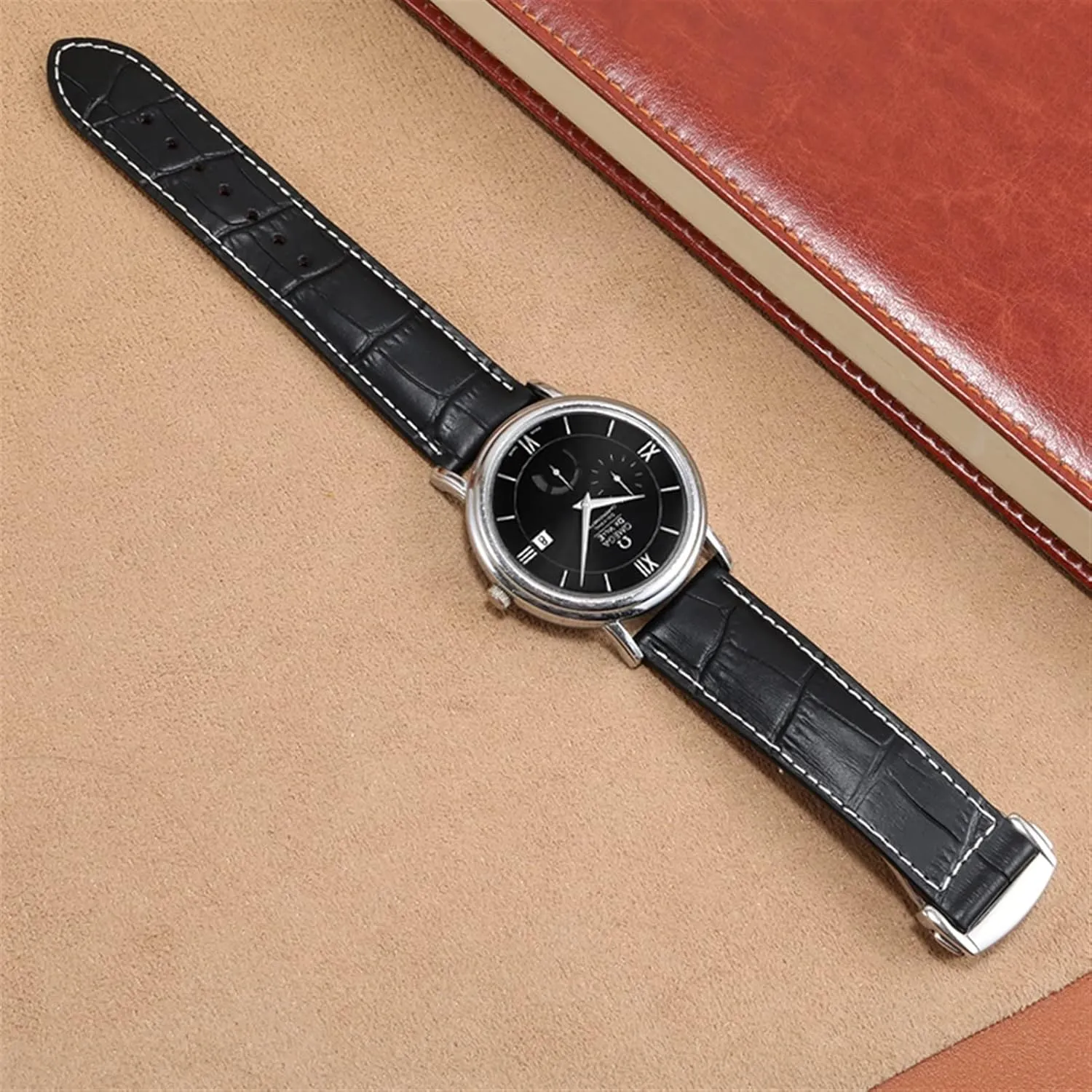 Size : 20mm) Genuine Leather Watch Band for Hamilton Kaqi Field Aviation Frosted Folding Buckle Watch Chain 20mm 22mm Strap strait (Color : Black-Silver, 