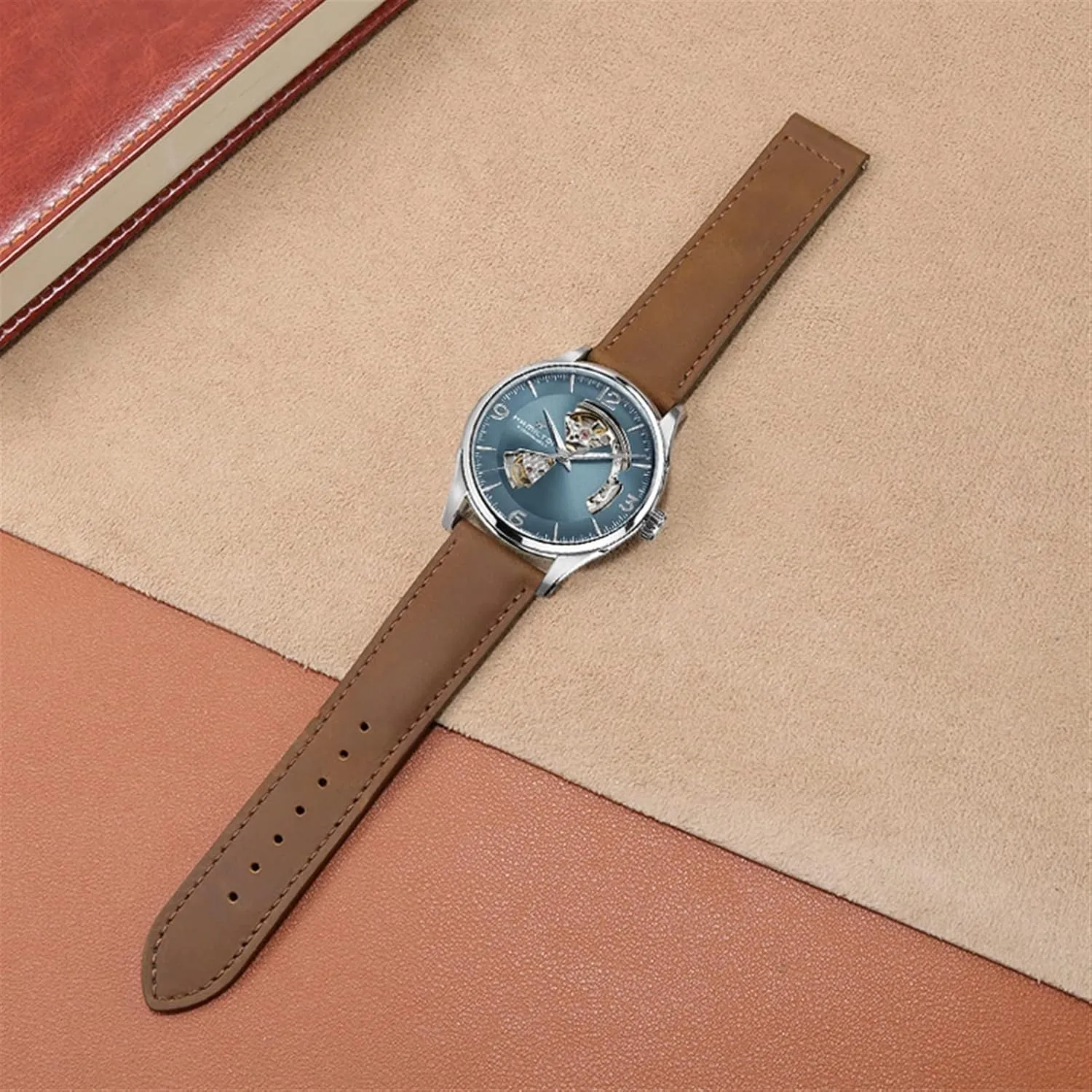 Size : 20mm) Genuine Leather Watch Band for Hamilton Kaqi Field Aviation Frosted Folding Buckle Watch Chain 20mm 22mm Strap strait (Color : Black-Silver, 
