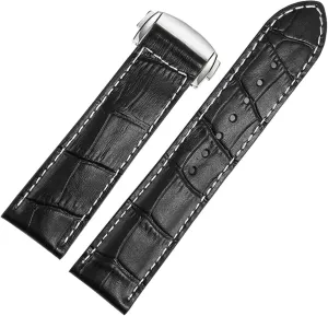 Size : 20mm) Genuine Leather Watch Band for Hamilton Kaqi Field Aviation Frosted Folding Buckle Watch Chain 20mm 22mm Strap strait (Color : Black-Silver, 