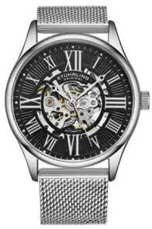 Skeleton Automatic Self Winding Mechanical Dress Watch with Mesh Band pay Stuhrling Original Mens Atrium 