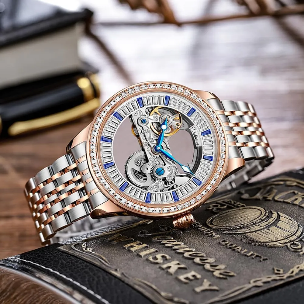 Skeleton cereal vertical mar insolvent formation Watch Stainless Steel Strap Waterproof Wristwatch Fashion Zircon Men Mechanical Automatic Self-Wind Watches Luxury Rhinestone Bezel Double Sided 