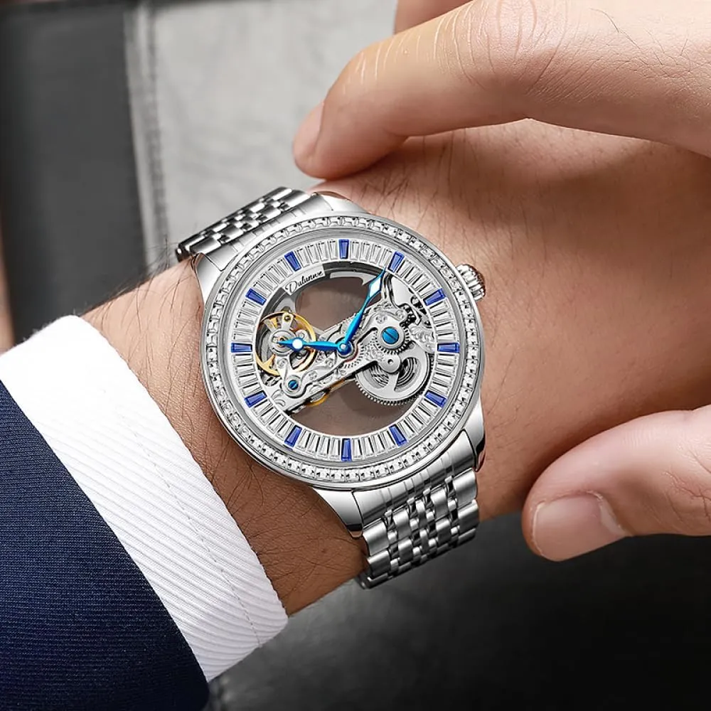 Skeleton cereal vertical mar insolvent formation Watch Stainless Steel Strap Waterproof Wristwatch Fashion Zircon Men Mechanical Automatic Self-Wind Watches Luxury Rhinestone Bezel Double Sided 
