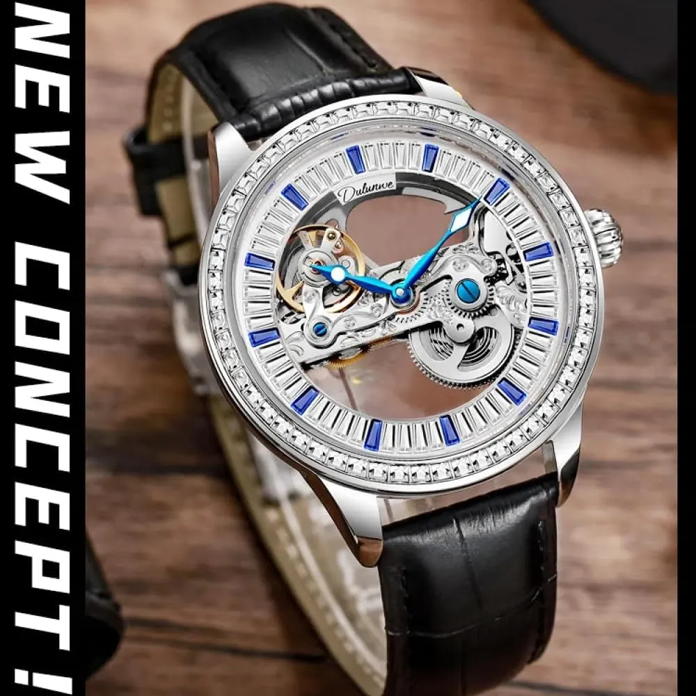 Skeleton cereal vertical mar insolvent formation Watch Stainless Steel Strap Waterproof Wristwatch Fashion Zircon Men Mechanical Automatic Self-Wind Watches Luxury Rhinestone Bezel Double Sided 