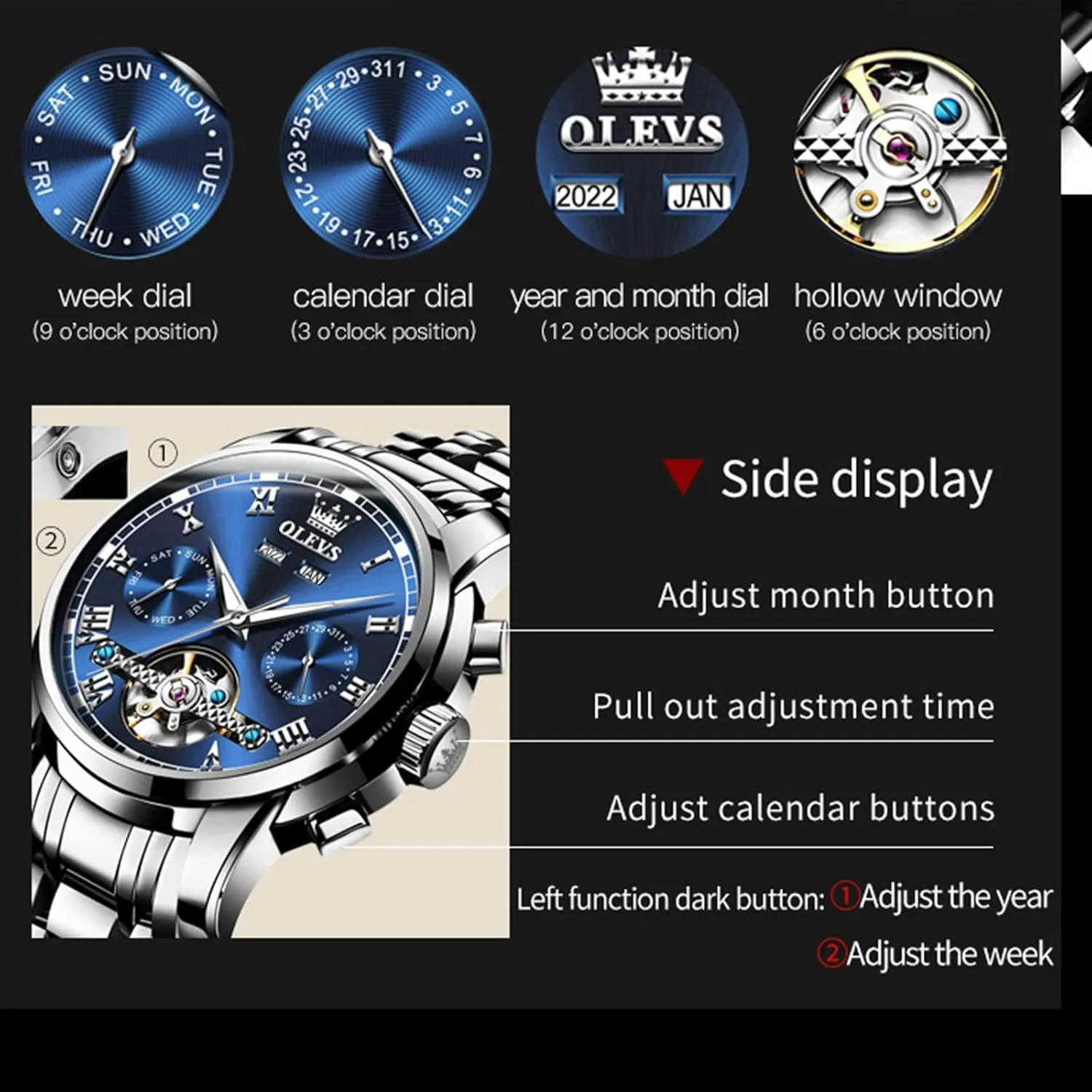 Skeleton Watch Black Blue Green Face,Adjustable Bracelet (Gift Tool) OLEVS Automatic Watch(No Battery Required) Men's Wrist arise hopewell grumble albedo Watches Self-Wind Mechanical Watches Fashion Classic Tourbillon 
