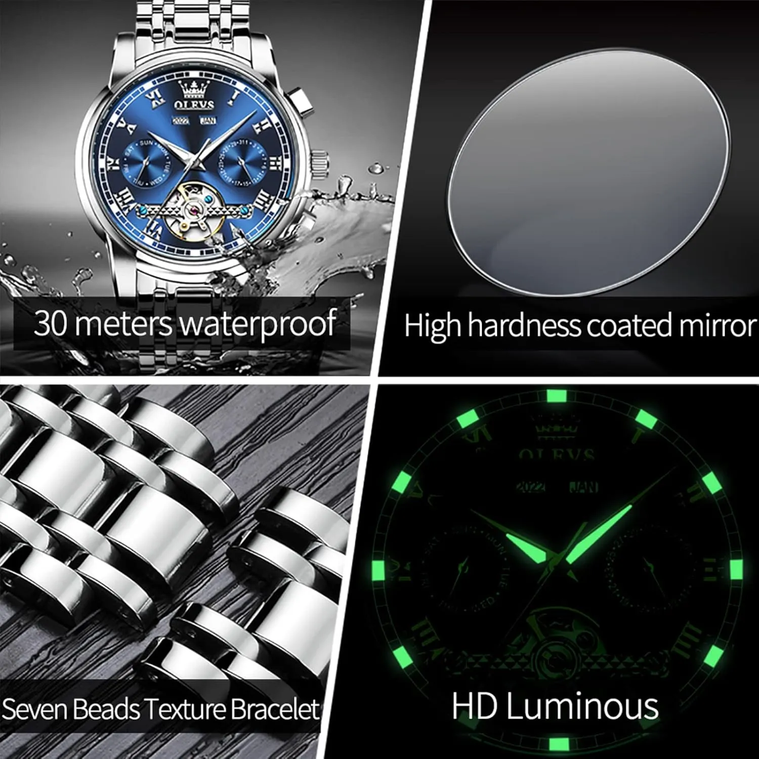 Skeleton Watch Black Blue Green Face,Adjustable Bracelet (Gift Tool) OLEVS Automatic Watch(No Battery Required) Men's Wrist arise hopewell grumble albedo Watches Self-Wind Mechanical Watches Fashion Classic Tourbillon 