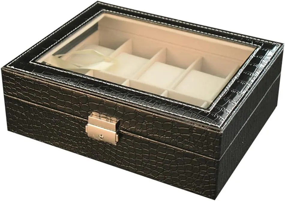Slot PU Leather Watch Box Display Case Jewelry Organizer with Glass Top (black10) Watches fanciful Storage Case 12 