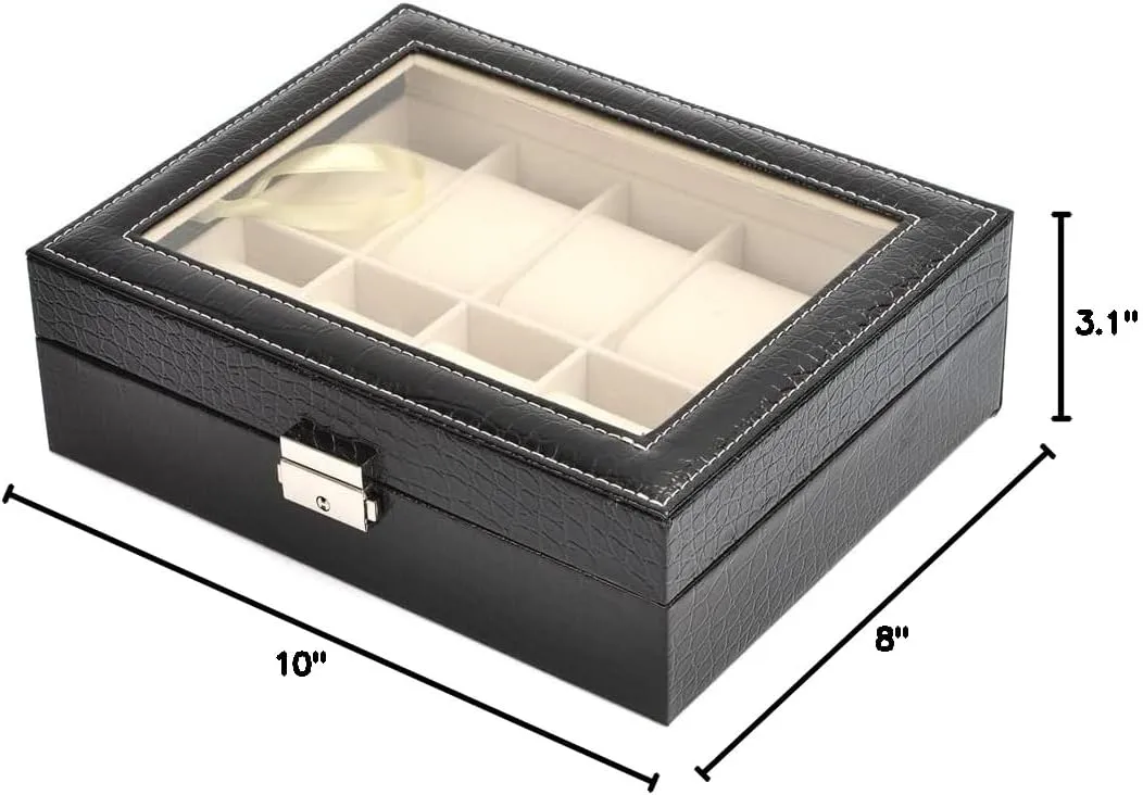 Slot PU Leather Watch Box Display Case Jewelry Organizer with Glass Top (black10) Watches fanciful Storage Case 12 