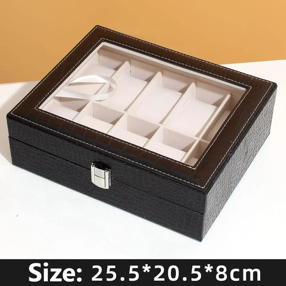 Slot PU Leather Watch Box Display Case Jewelry Organizer with Glass Top (black10) Watches fanciful Storage Case 12 