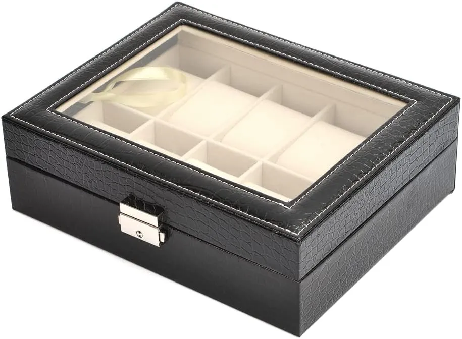 Slot PU Leather Watch Box Display Case Jewelry Organizer with Glass Top (black10) Watches fanciful Storage Case 12 