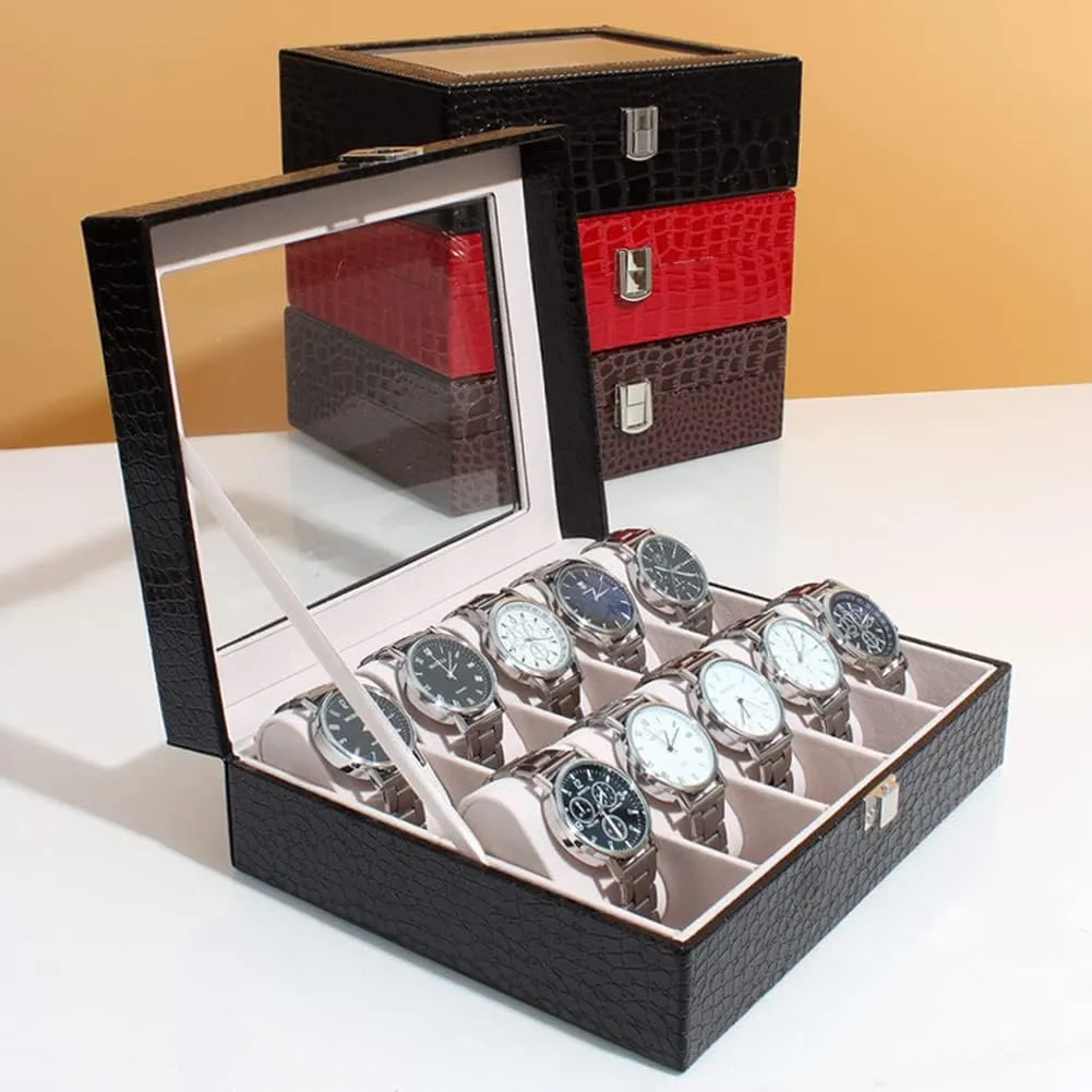 Slot PU Leather Watch Box Display Case Jewelry Organizer with Glass Top (black10) Watches fanciful Storage Case 12 