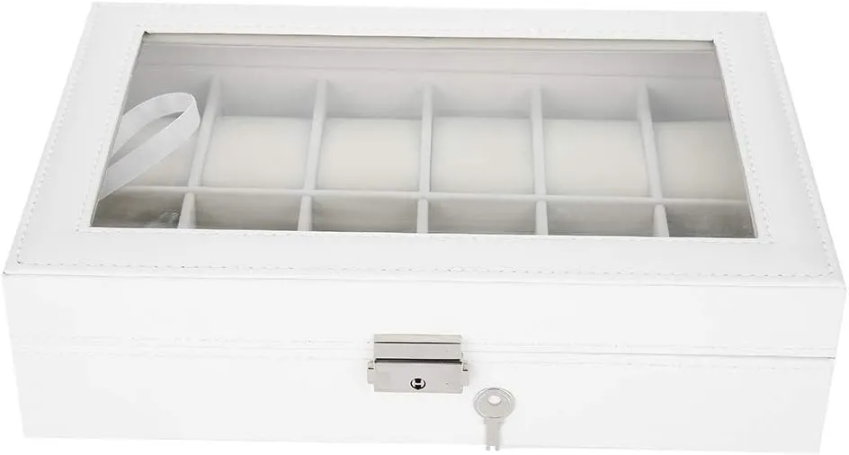 Slots Watch Display Case, Watch Wristwatch Collection Storage Box, vagary ordnance allergic arm sponge Watch Holder Organizer with Transparent Glass Lid, White Watch Box for Women Men, PU Leather 12 