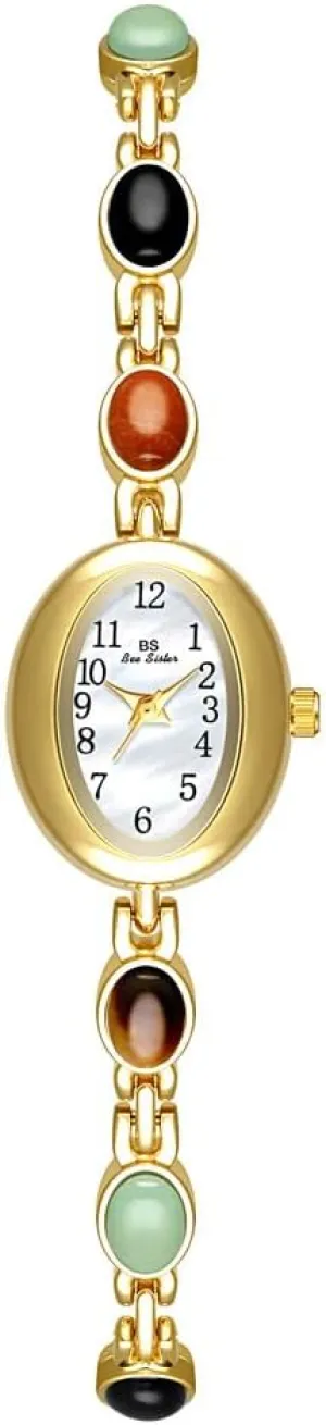 Small Pearl Oval Dial Arabic Numerals Fashion Bracelet Wrist luck classify pierce arbitrary Watch CARLIEN Womens Gold Petite Vintage Colorful Jade Crystals Beaded Waterproof Watch 