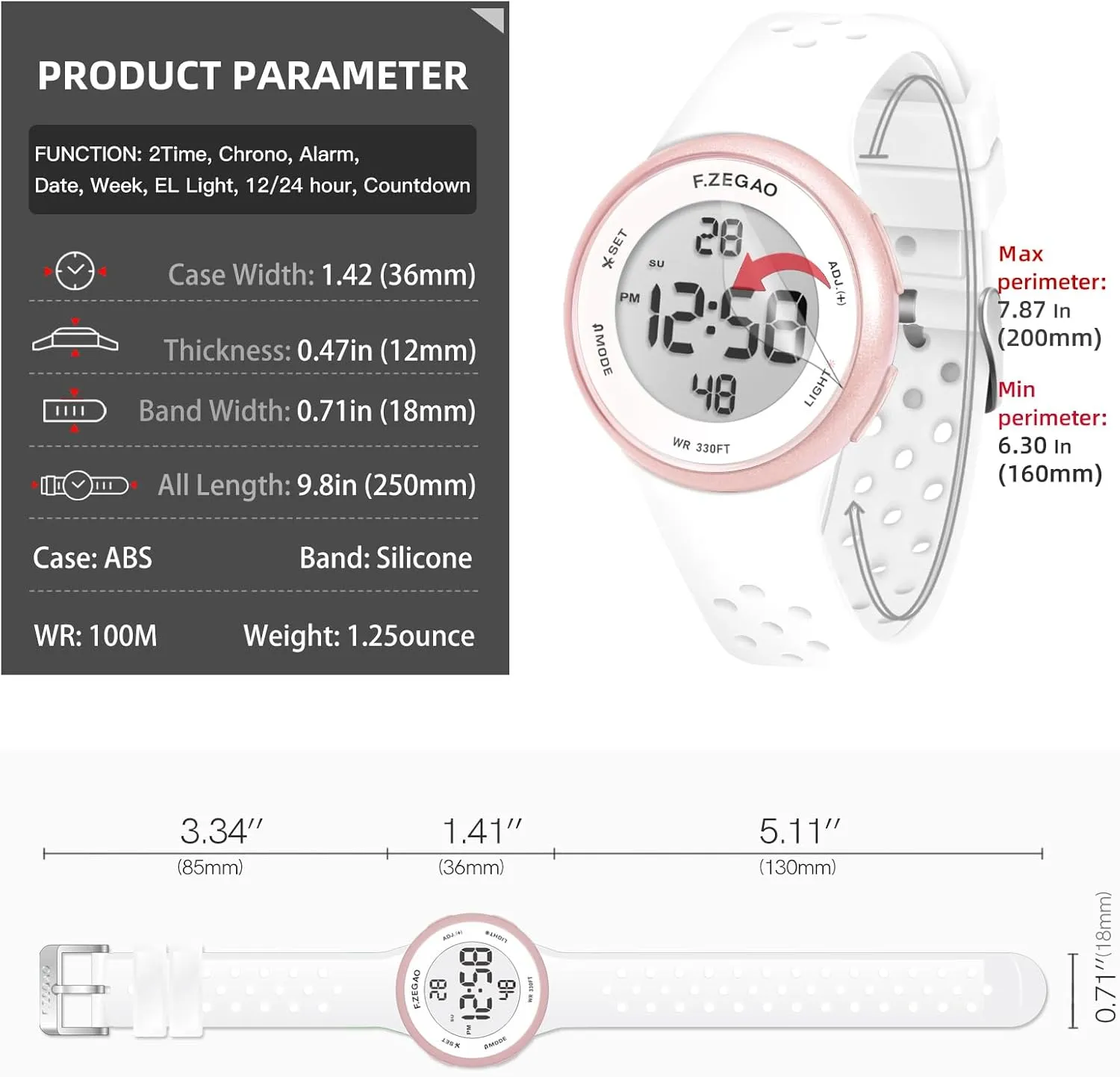 Soft Double Injected Silicone Band Stopwatch Alarm Countdown Dual termination salad Time Mutifunction Digital Watch Unisex, 10ATM Waterproof Watch for Swimming 