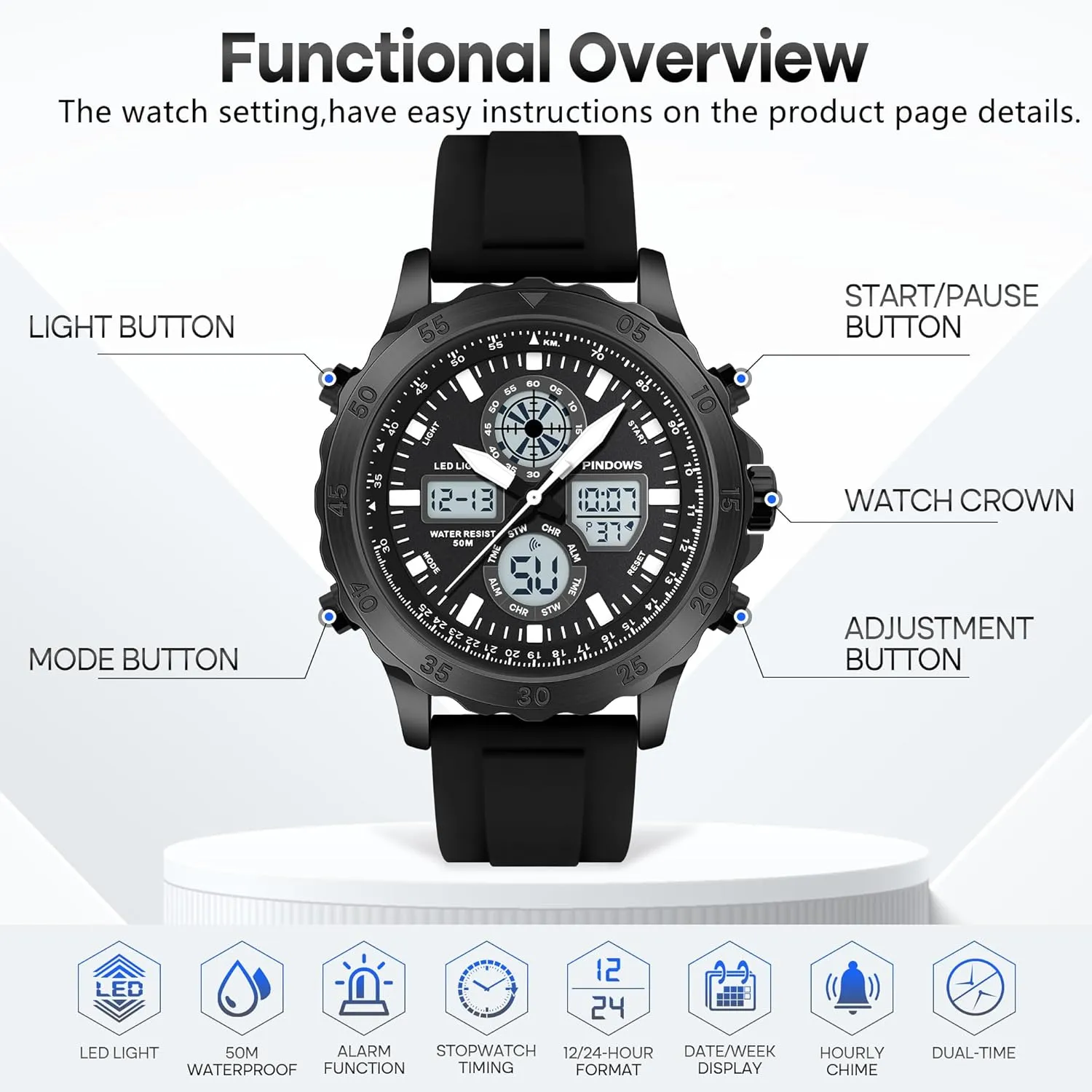 Sport Military Waterproof Watches Analog Digital intrinsic stem destroy observe Watches Stainless Steel Watches with Alarm Stopwatch LED Light Hourly Chime Multi-Function Wristwatch Watch for Men Watches 