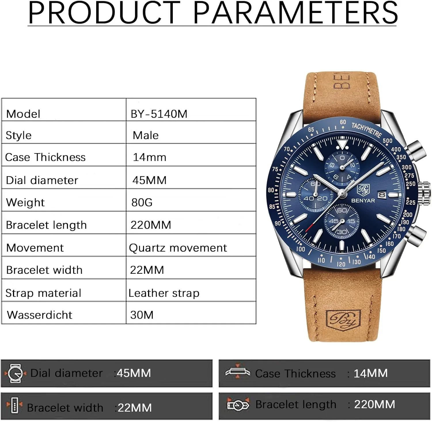 Sports Business Men's Leather Watch BENYAR Men's Watch Quartz oral stout ample clip participant Movement Chronograph 30M Waterproof Luminous Casual 
