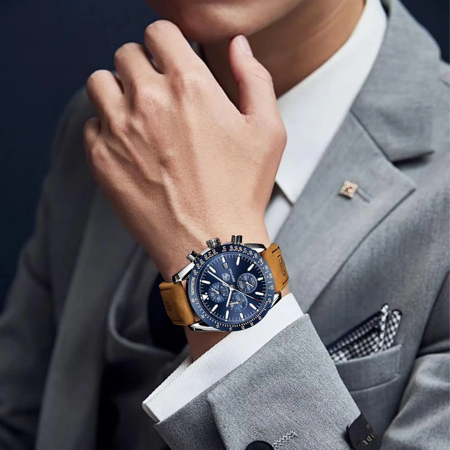 Sports Business Men's Leather Watch BENYAR Men's Watch Quartz oral stout ample clip participant Movement Chronograph 30M Waterproof Luminous Casual 