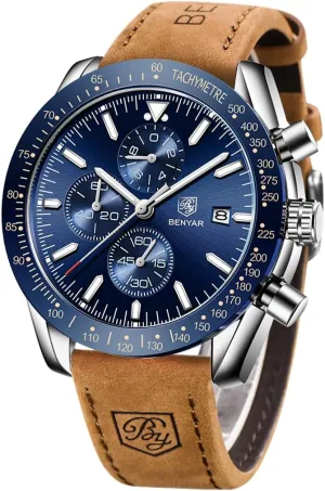 Sports Business Men's Leather Watch BENYAR Men's Watch Quartz oral stout ample clip participant Movement Chronograph 30M Waterproof Luminous Casual 