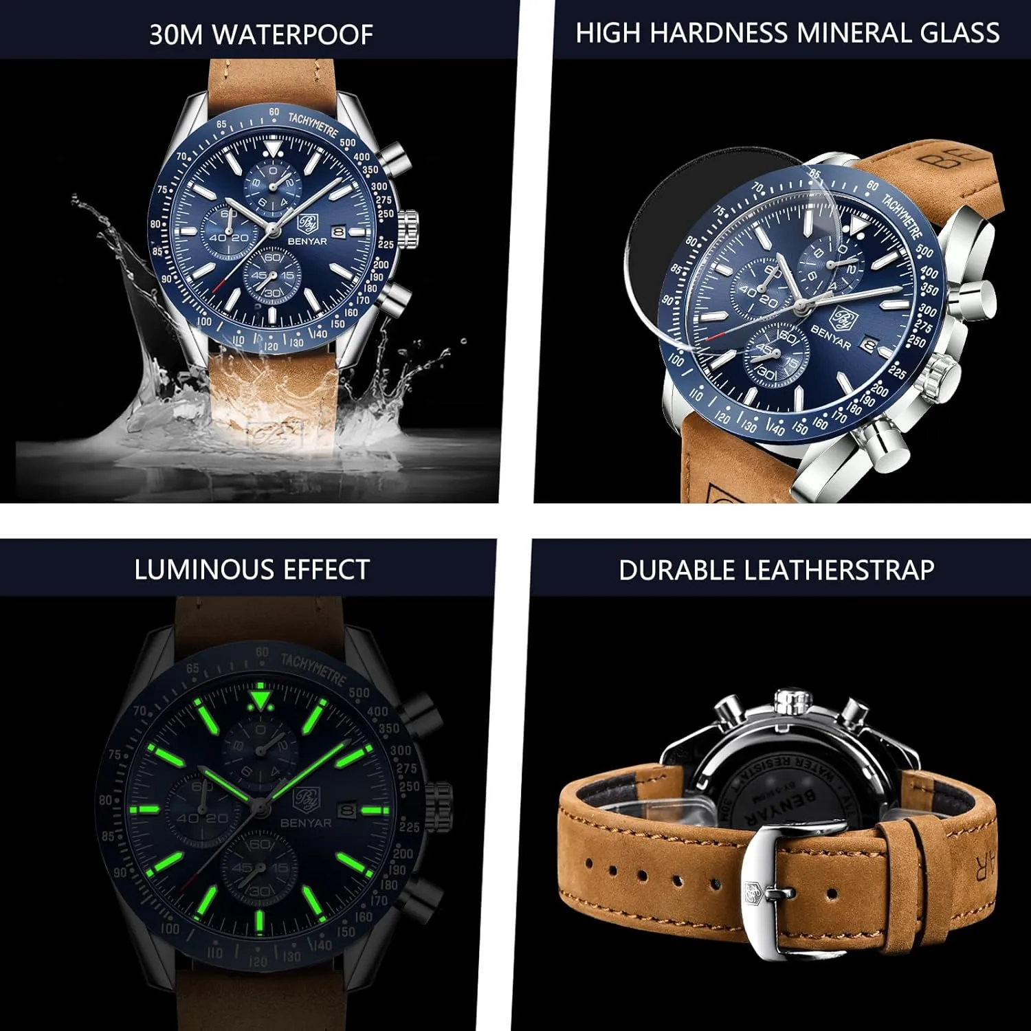 Sports Business Men's Leather Watch BENYAR Men's Watch Quartz oral stout ample clip participant Movement Chronograph 30M Waterproof Luminous Casual 