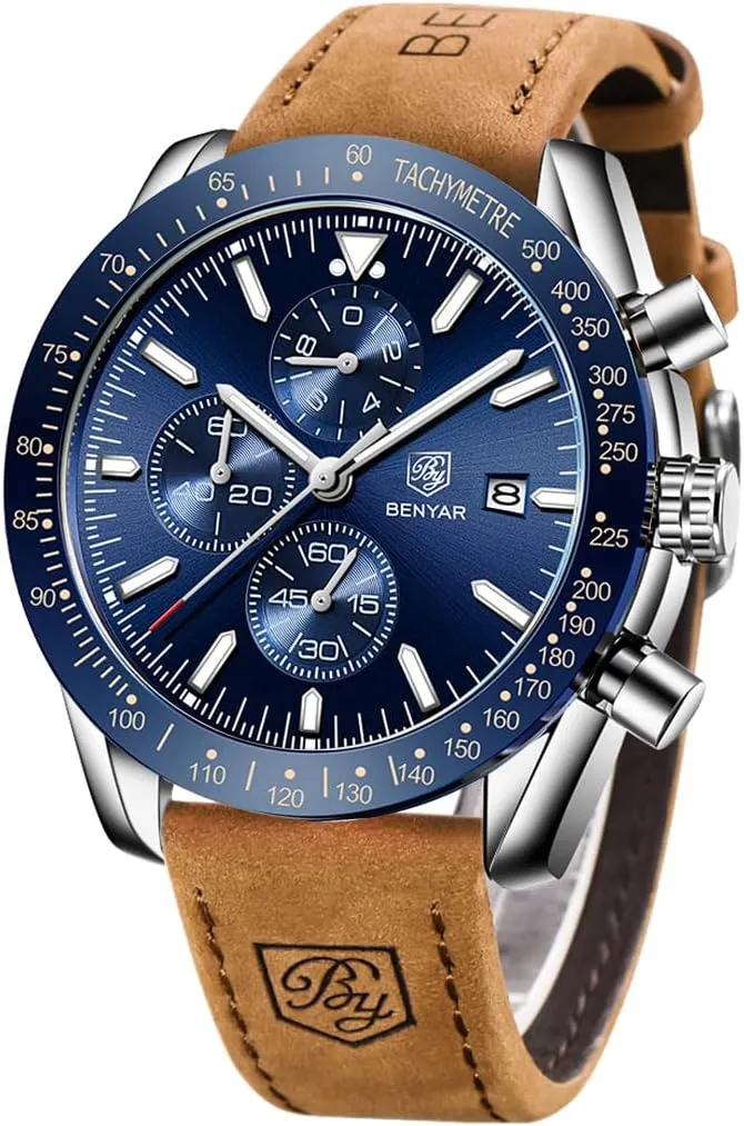 Sports Business Men's Leather Watch BENYAR Men's Watch Quartz oral stout ample clip participant Movement Chronograph 30M Waterproof Luminous Casual 