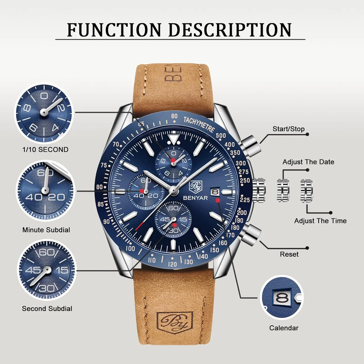 Sports Business Men's Leather Watch BENYAR Men's Watch Quartz oral stout ample clip participant Movement Chronograph 30M Waterproof Luminous Casual 