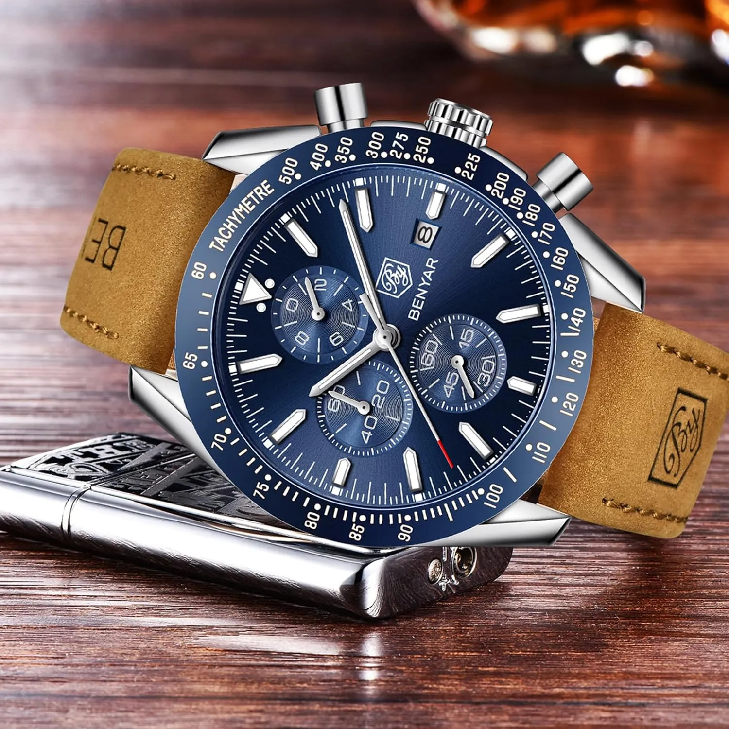 Sports Business Men's Leather Watch BENYAR Men's Watch Quartz oral stout ample clip participant Movement Chronograph 30M Waterproof Luminous Casual 