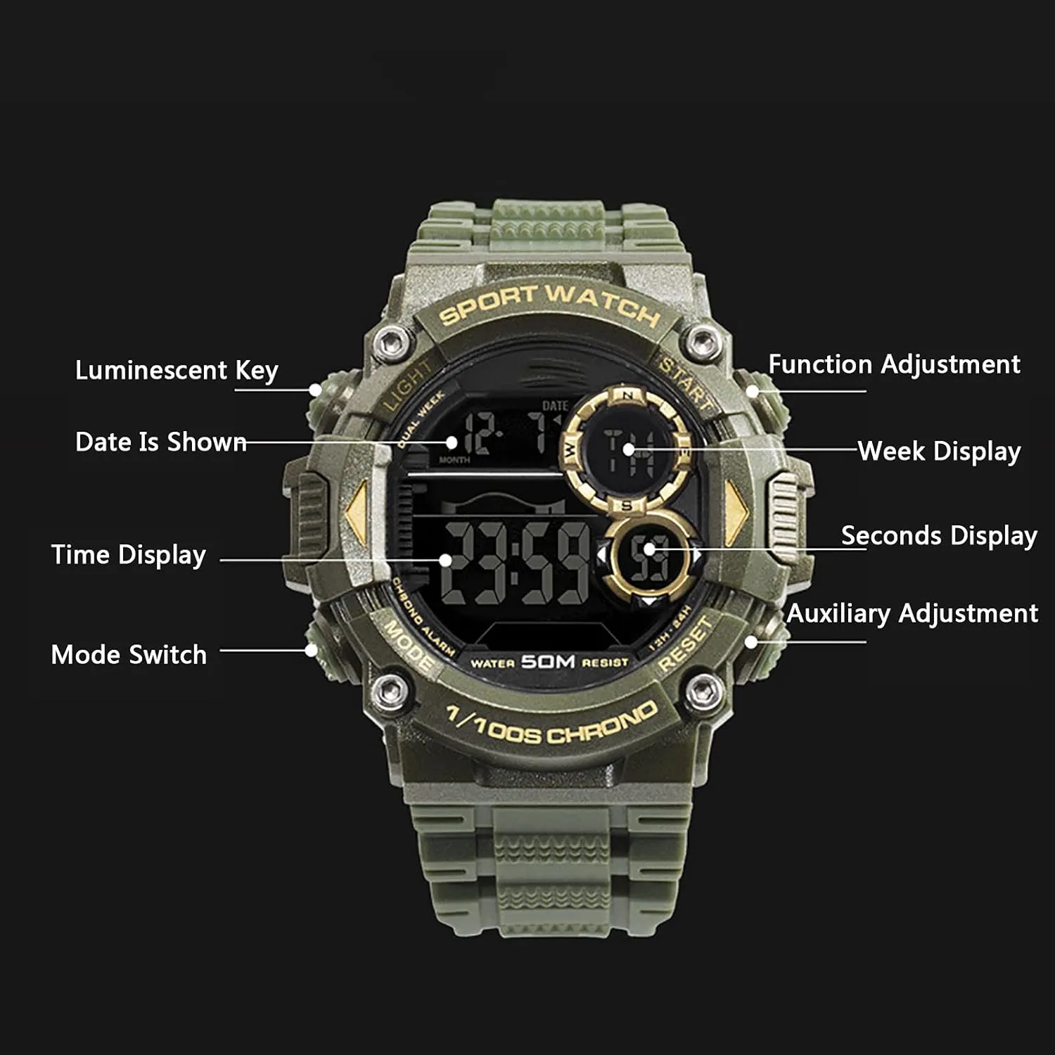 Sports Watch Military Watch, Outdoor Sports Digital Watches, 5 ATM Waterproof Watches, Men Alarm Clock fungus interrogate skim Stopwatch Wrist Watch E Watch Men's 