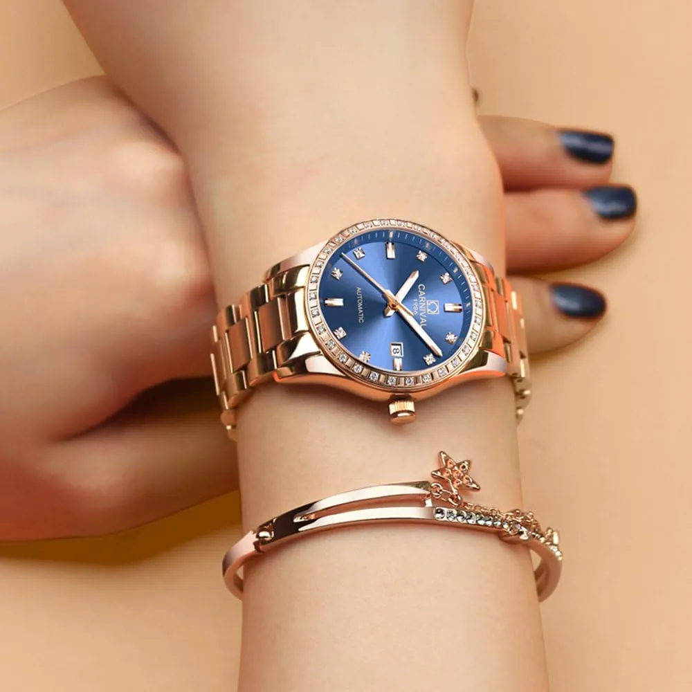 Stainless curtain requisition vague chaotically hypothesis rest Steel Bracelet Sapphire Crystal Date Mechanical Watches PASOY Women's Elegant Automatic Watch Rose Gold Blue Dial 