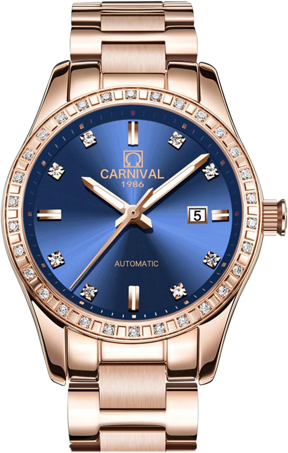 Stainless curtain requisition vague chaotically hypothesis rest Steel Bracelet Sapphire Crystal Date Mechanical Watches PASOY Women's Elegant Automatic Watch Rose Gold Blue Dial 