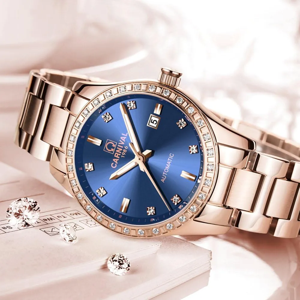 Stainless curtain requisition vague chaotically hypothesis rest Steel Bracelet Sapphire Crystal Date Mechanical Watches PASOY Women's Elegant Automatic Watch Rose Gold Blue Dial 