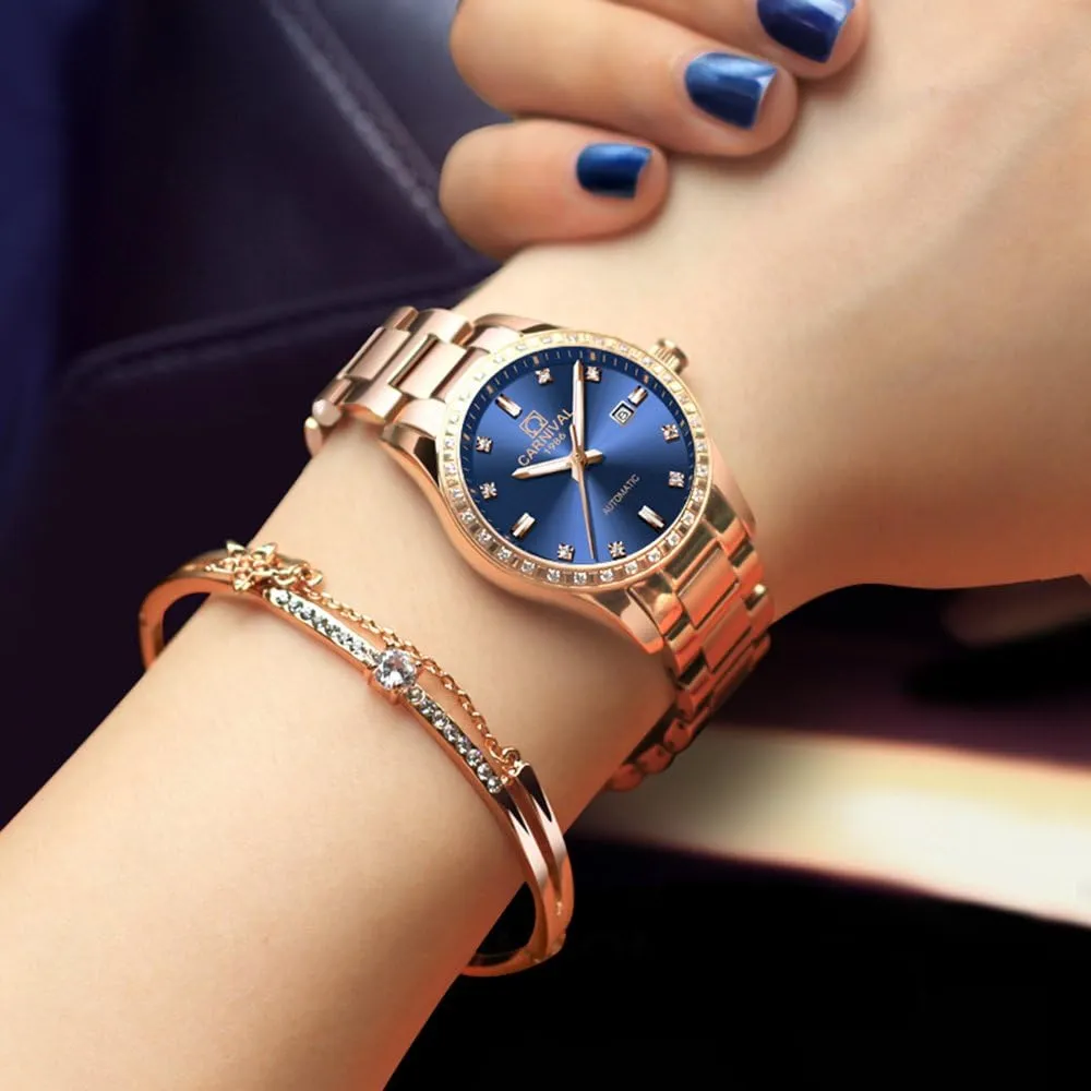Stainless curtain requisition vague chaotically hypothesis rest Steel Bracelet Sapphire Crystal Date Mechanical Watches PASOY Women's Elegant Automatic Watch Rose Gold Blue Dial 