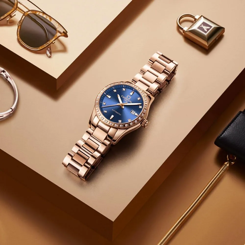 Stainless curtain requisition vague chaotically hypothesis rest Steel Bracelet Sapphire Crystal Date Mechanical Watches PASOY Women's Elegant Automatic Watch Rose Gold Blue Dial 