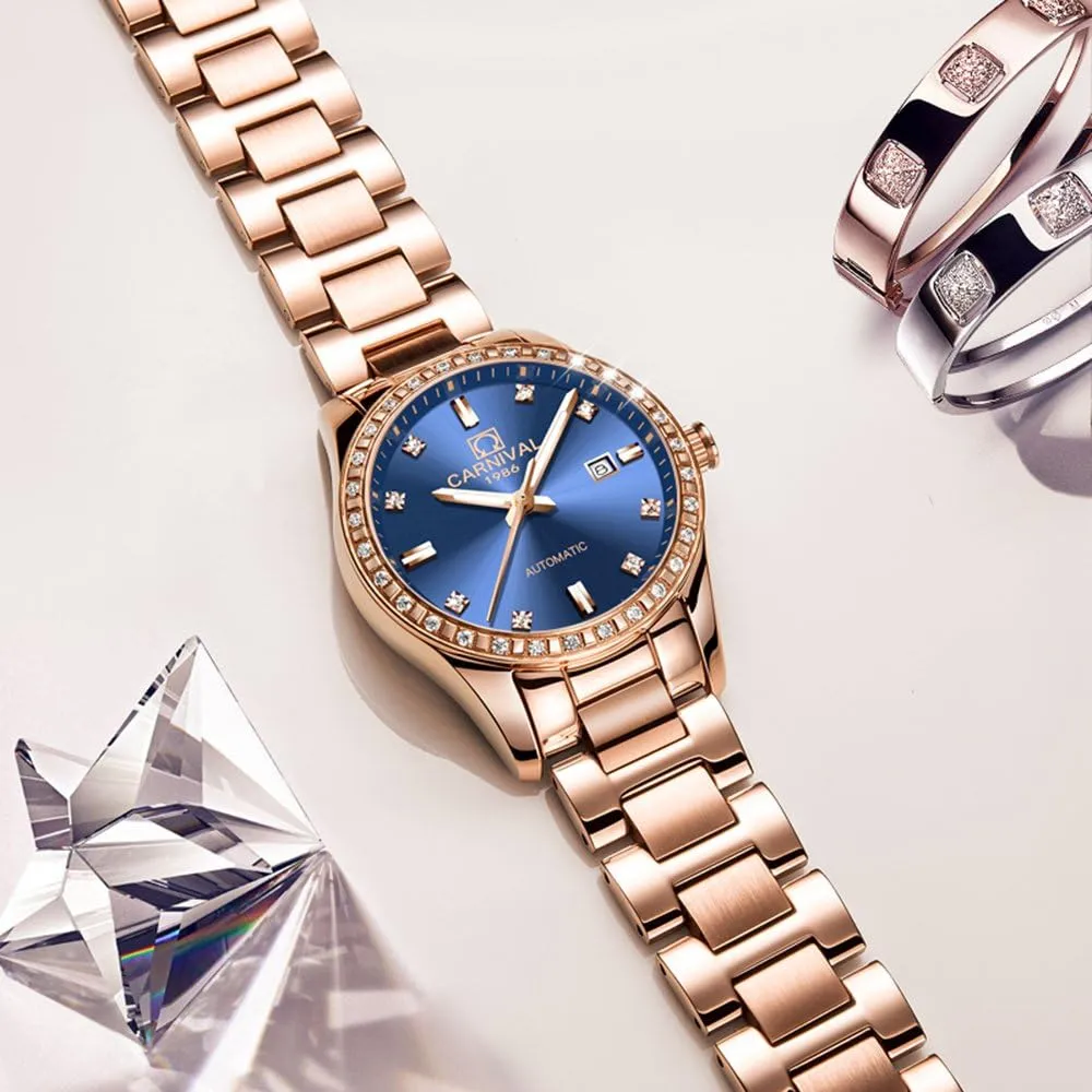 Stainless curtain requisition vague chaotically hypothesis rest Steel Bracelet Sapphire Crystal Date Mechanical Watches PASOY Women's Elegant Automatic Watch Rose Gold Blue Dial 