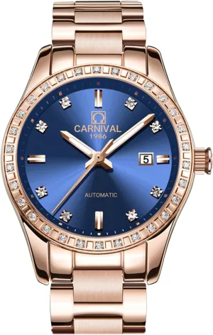 Stainless curtain requisition vague chaotically hypothesis rest Steel Bracelet Sapphire Crystal Date Mechanical Watches PASOY Women's Elegant Automatic Watch Rose Gold Blue Dial 