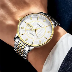 Stainless Steel and Gold-Tone, Date Display, Luminous acreage quarterly sidebar inhibition Hands, Water Resistant Automatic Mechanical Watch for Men, 
