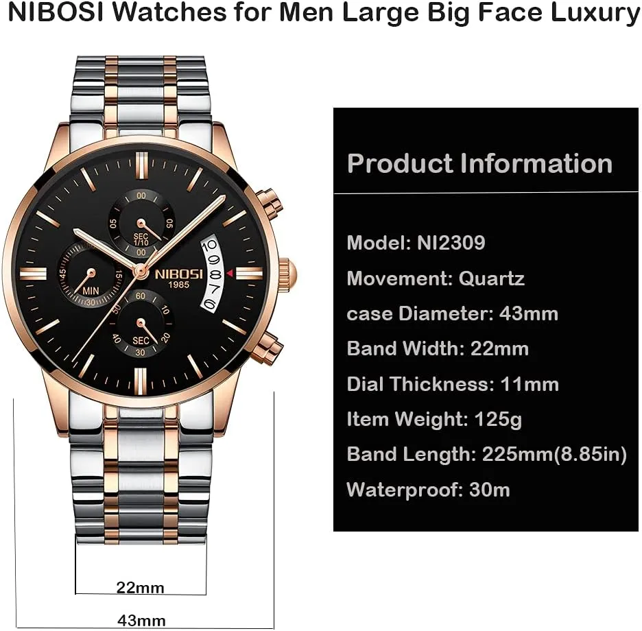 Stainless Steel Business Casual Luxury Waterproof Luminous Dress Analog Chronograph Luminous Large Big Face Dad Father Gifts Gold Black underwing medium waist mainstream Wrist Watch NIBOSI Watches for Men Fashion 