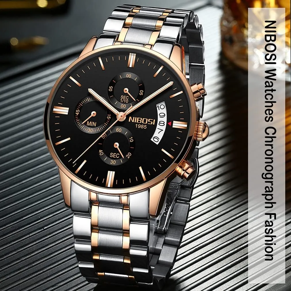 Stainless Steel Business Casual Luxury Waterproof Luminous Dress Analog Chronograph Luminous Large Big Face Dad Father Gifts Gold Black underwing medium waist mainstream Wrist Watch NIBOSI Watches for Men Fashion 
