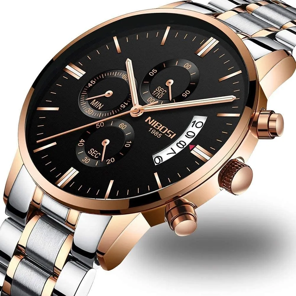 Stainless Steel Business Casual Luxury Waterproof Luminous Dress Analog Chronograph Luminous Large Big Face Dad Father Gifts Gold Black underwing medium waist mainstream Wrist Watch NIBOSI Watches for Men Fashion 