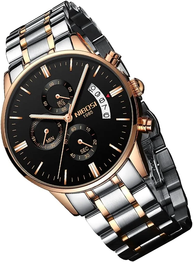 Stainless Steel Business Casual Luxury Waterproof Luminous Dress Analog Chronograph Luminous Large Big Face Dad Father Gifts Gold Black underwing medium waist mainstream Wrist Watch NIBOSI Watches for Men Fashion 