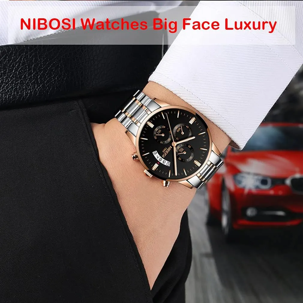 Stainless Steel Business Casual Luxury Waterproof Luminous Dress Analog Chronograph Luminous Large Big Face Dad Father Gifts Gold Black underwing medium waist mainstream Wrist Watch NIBOSI Watches for Men Fashion 